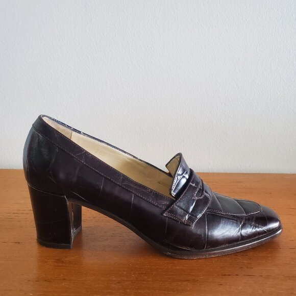 Joan & David W 7.5 Italy handmade Burgundy Croc Leather Heeled Penny loafer A213 - Picture 9 of 12